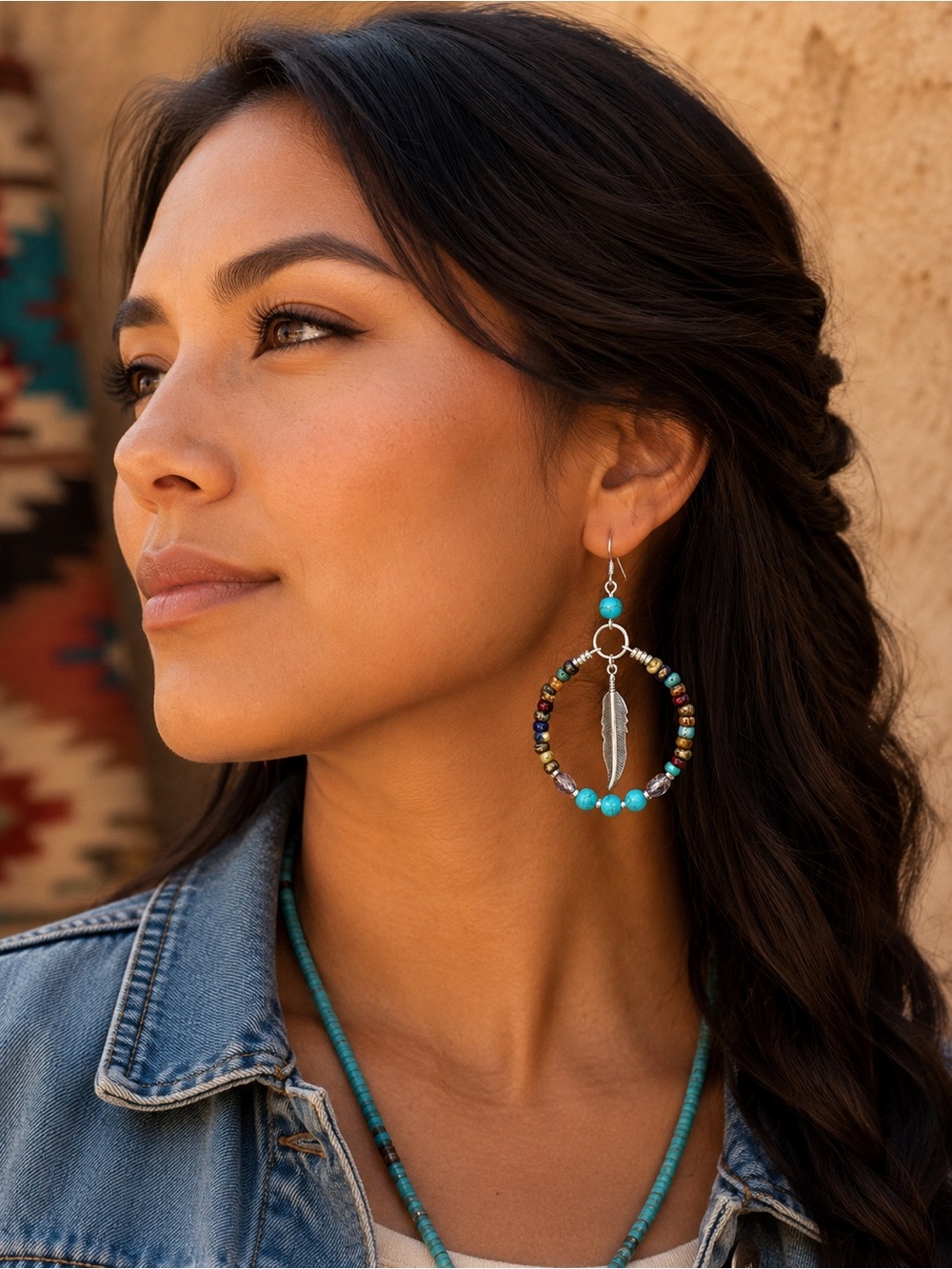 Hand Crafted Turquoise Howlite Beaded Feather Hoop Earrings - Women Jewelry